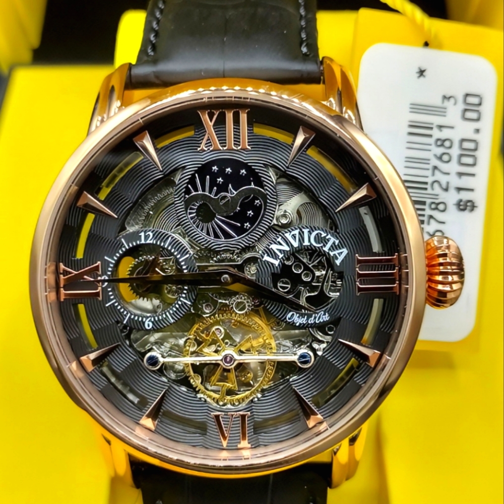 FIRM PRICE-New Invicta Objet d'Art automatic sketekon Men's leather band watch.